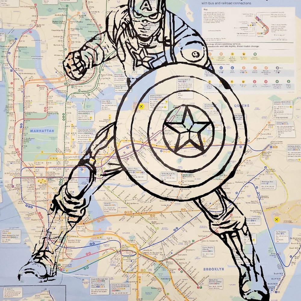 Handpainted Marvel Captain America Art on NYC Subway Map Rare Original Artwork - Picture 11 of 11